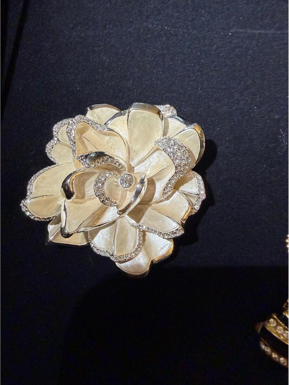 Joan Rivers Brooch Pin 3" Gardenia Silver Tone Ivory Enamel Swarovski Crystal